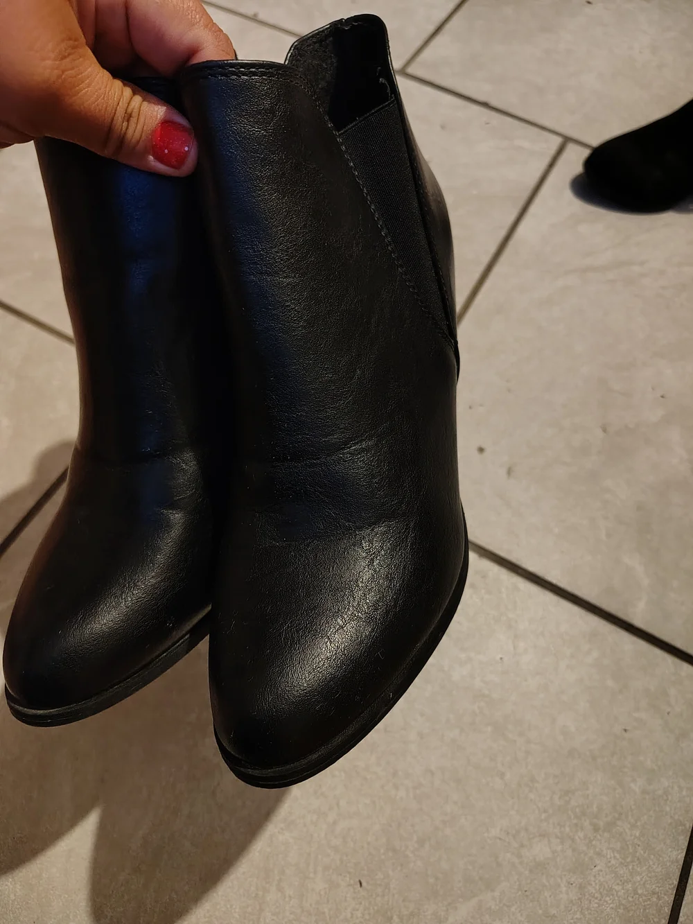 Forever Unique Black Leather Ankle Booties with Block Heel - Picture 4 of 4